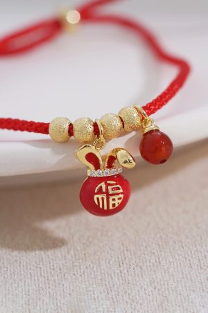Red Zodiac Year Small Rabbit Pendant Bracelet with Tiny Gold Beads, Ultra-Fine String, Trendy New Year Jewelry