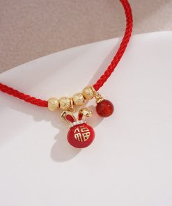 Red Zodiac Year Small Rabbit Pendant Bracelet with Tiny Gold Beads, Ultra-Fine String, Trendy New Year Jewelry