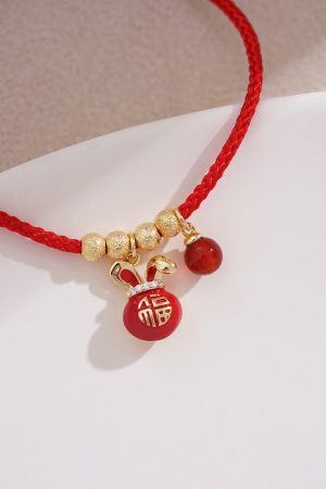 Red Zodiac Year Small Rabbit Pendant Bracelet with Tiny Gold Beads, Ultra-Fine String, Trendy New Year Jewelry