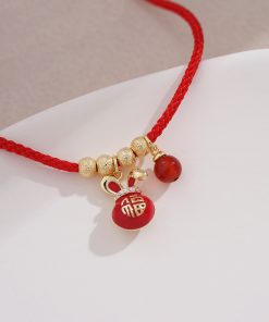 Red Zodiac Year Small Rabbit Pendant Bracelet with Tiny Gold Beads, Ultra-Fine String, Trendy New Year Jewelry