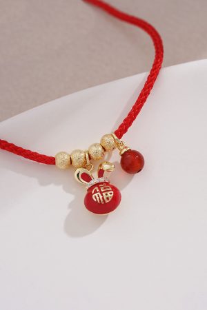 Red Zodiac Year Small Rabbit Pendant Bracelet with Tiny Gold Beads, Ultra-Fine String, Trendy New Year Jewelry