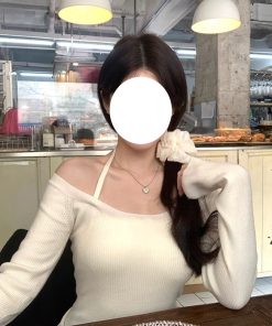 Refined Hanging Neck Off-Shoulder Knitted Sweater for Women - Long Sleeve Autumn Winter Fashion Top