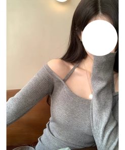 Refined Hanging Neck Off-Shoulder Knitted Sweater for Women - Long Sleeve Autumn Winter Fashion Top