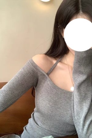 Refined Hanging Neck Off-Shoulder Knitted Sweater for Women - Long Sleeve Autumn Winter Fashion Top