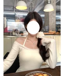 Refined Hanging Neck Off-Shoulder Knitted Sweater for Women - Long Sleeve Autumn Winter Fashion Top