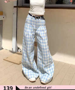 Refreshing Blue Checkered Casual Long Pants - Summer Loose Fit Energetic Style for Effortless 90s Vibes