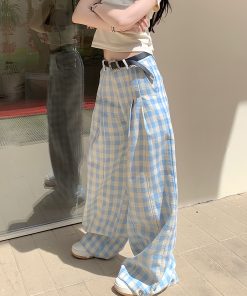 Refreshing Blue Checkered Casual Long Pants - Summer Loose Fit Energetic Style for Effortless 90s Vibes