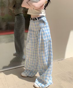 Refreshing Blue Checkered Casual Long Pants - Summer Loose Fit Energetic Style for Effortless 90s Vibes