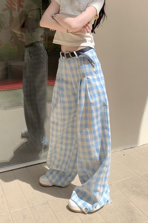 Refreshing Blue Checkered Casual Long Pants - Summer Loose Fit Energetic Style for Effortless 90s Vibes