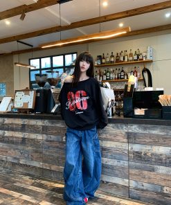 Relaxed Off-Shoulder Sweatshirt for Women - American Street Style, Loose Fit, Trendy Spicy Girl Top, Casual and Chic Fashion