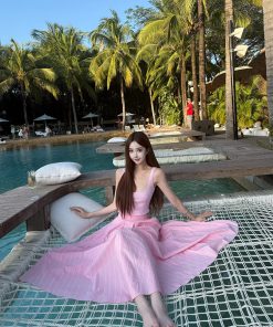 Relaxed Pink Holiday Dress for Women â€“ Summer Knitted Vest with Striped Skirt, Perfect for 90s Inspired Style