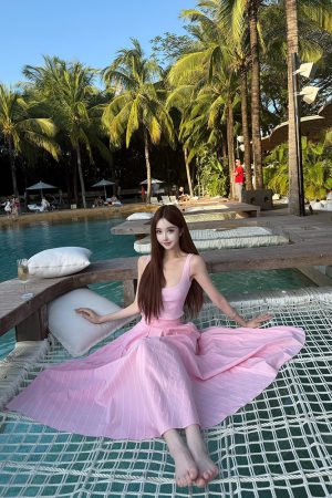 Relaxed Pink Holiday Dress for Women â€“ Summer Knitted Vest with Striped Skirt, Perfect for 90s Inspired Style