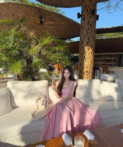 Relaxed Pink Holiday Dress for Women â€“ Summer Knitted Vest with Striped Skirt, Perfect for 90s Inspired Style