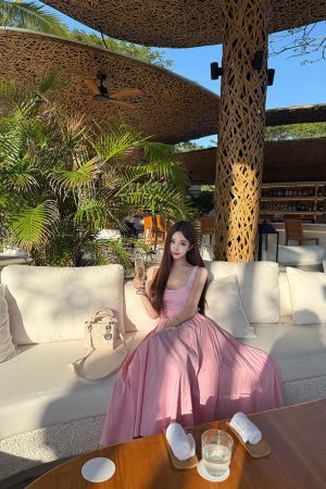 Relaxed Pink Holiday Dress for Women â€“ Summer Knitted Vest with Striped Skirt, Perfect for 90s Inspired Style