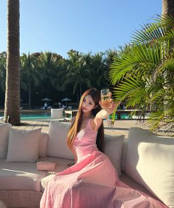 Relaxed Pink Holiday Dress for Women â€“ Summer Knitted Vest with Striped Skirt, Perfect for 90s Inspired Style