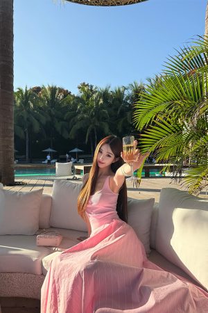 Relaxed Pink Holiday Dress for Women â€“ Summer Knitted Vest with Striped Skirt, Perfect for 90s Inspired Style