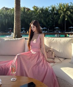 Relaxed Pink Holiday Dress for Women â€“ Summer Knitted Vest with Striped Skirt, Perfect for 90s Inspired Style