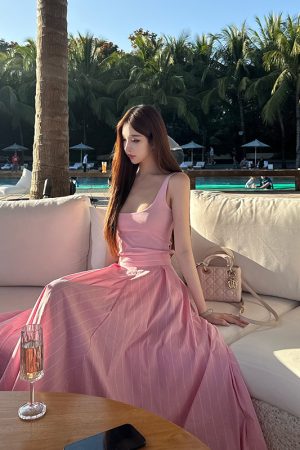 Relaxed Pink Holiday Dress for Women â€“ Summer Knitted Vest with Striped Skirt, Perfect for 90s Inspired Style