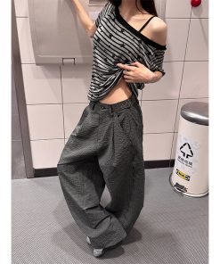 Relaxed Pleated Checkered Casual Pants for Women - Vintage American Style Long Pants with Draping Effect, Summer 90s Fashion