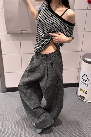 Relaxed Pleated Checkered Casual Pants for Women - Vintage American Style Long Pants with Draping Effect, Summer 90s Fashion