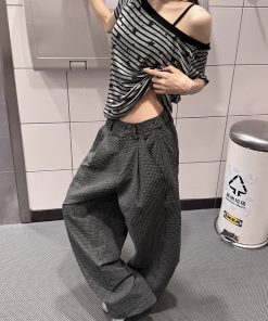 Relaxed Pleated Checkered Casual Pants for Women - Vintage American Style Long Pants with Draping Effect, Summer 90s Fashion