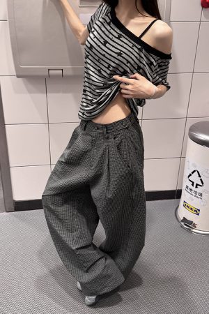 Relaxed Pleated Checkered Casual Pants for Women - Vintage American Style Long Pants with Draping Effect, Summer 90s Fashion