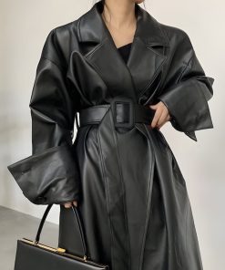 Relaxed Style Outfits, Aesthetic Outfits Mini Skirt - Belted Faux Leather Coat