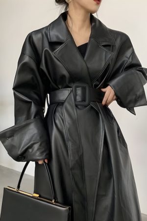 Relaxed Style Outfits, Aesthetic Outfits Mini Skirt - Belted Faux Leather Coat