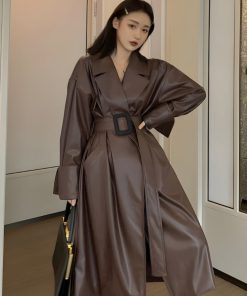 Relaxed Style Outfits, Aesthetic Outfits Mini Skirt - Belted Faux Leather Coat