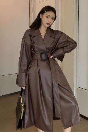 Relaxed Style Outfits, Aesthetic Outfits Mini Skirt - Belted Faux Leather Coat