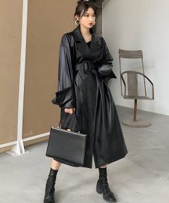 Relaxed Style Outfits, Aesthetic Outfits Mini Skirt - Belted Faux Leather Coat