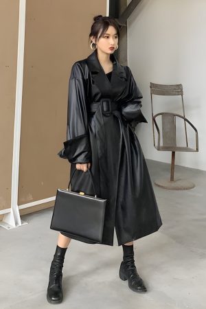 Relaxed Style Outfits, Aesthetic Outfits Mini Skirt - Belted Faux Leather Coat
