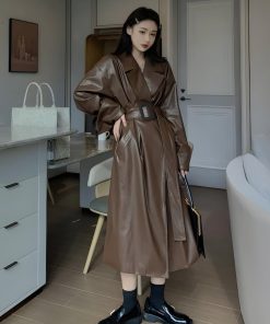 Relaxed Style Outfits, Aesthetic Outfits Mini Skirt - Belted Faux Leather Coat