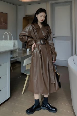 Relaxed Style Outfits, Aesthetic Outfits Mini Skirt - Belted Faux Leather Coat