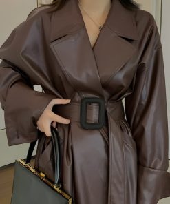 Relaxed Style Outfits, Aesthetic Outfits Mini Skirt - Belted Faux Leather Coat