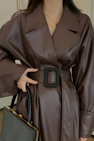 Relaxed Style Outfits, Aesthetic Outfits Mini Skirt - Belted Faux Leather Coat