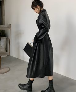 Relaxed Style Outfits, Aesthetic Outfits Mini Skirt - Belted Faux Leather Coat