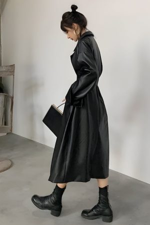 Relaxed Style Outfits, Aesthetic Outfits Mini Skirt - Belted Faux Leather Coat
