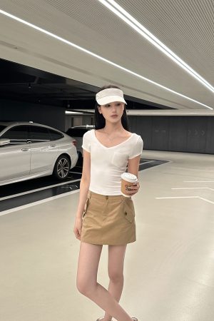 Relaxed Weekend Double Pocket Pure Cotton Short Work Skirt - Casual Everyday Style for Effortless Chic