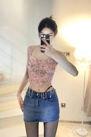 Retro A-Line Bodycon Denim Mini Skirt with Slimming Strap Design - Sexy Little Thoughts for Y2K Style