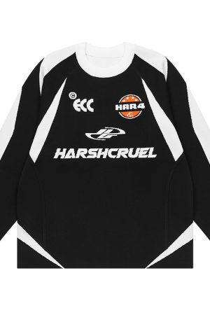 Retro American Style Color-Blocking Deconstructed 86 Football Racing Knitted Sweater for Y2K and Streetwear Fashion