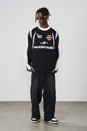 Retro American Style Color-Blocking Deconstructed 86 Football Racing Knitted Sweater for Y2K and Streetwear Fashion