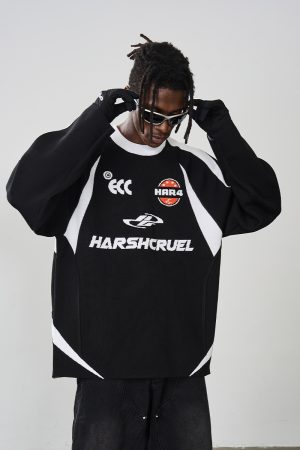 Retro American Style Color-Blocking Deconstructed 86 Football Racing Knitted Sweater for Y2K and Streetwear Fashion