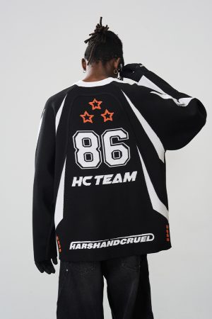 Retro American Style Color-Blocking Deconstructed 86 Football Racing Knitted Sweater for Y2K and Streetwear Fashion