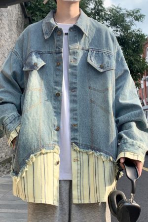 Retro American-Style Striped Splicing Denim Jacket for Men - Korean Lazy Style Two-Piece Look, High-End Fashion Outerwear