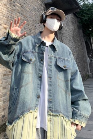 Retro American-Style Striped Splicing Denim Jacket for Men - Korean Lazy Style Two-Piece Look, High-End Fashion Outerwear