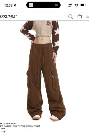 Retro American-Style Women's Wide-Leg Work Pants with Large Pockets - Trendy Loose Straight-Leg Casual Trousers