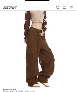 Retro American-Style Women's Wide-Leg Work Pants with Large Pockets - Trendy Loose Straight-Leg Casual Trousers