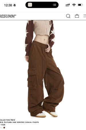 Retro American-Style Women's Wide-Leg Work Pants with Large Pockets - Trendy Loose Straight-Leg Casual Trousers