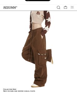 Retro American-Style Women's Wide-Leg Work Pants with Large Pockets - Trendy Loose Straight-Leg Casual Trousers